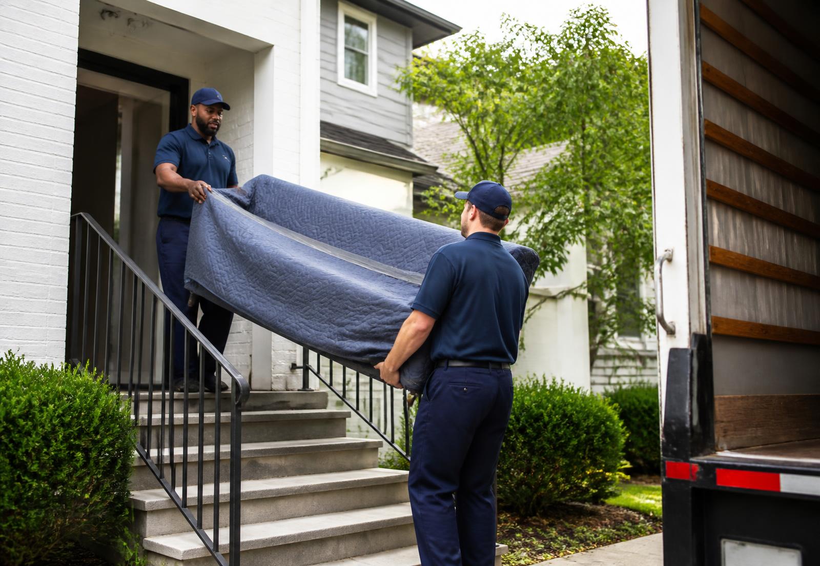 Movers carrying a blanket-wrapped sofa from a home to a moving truck