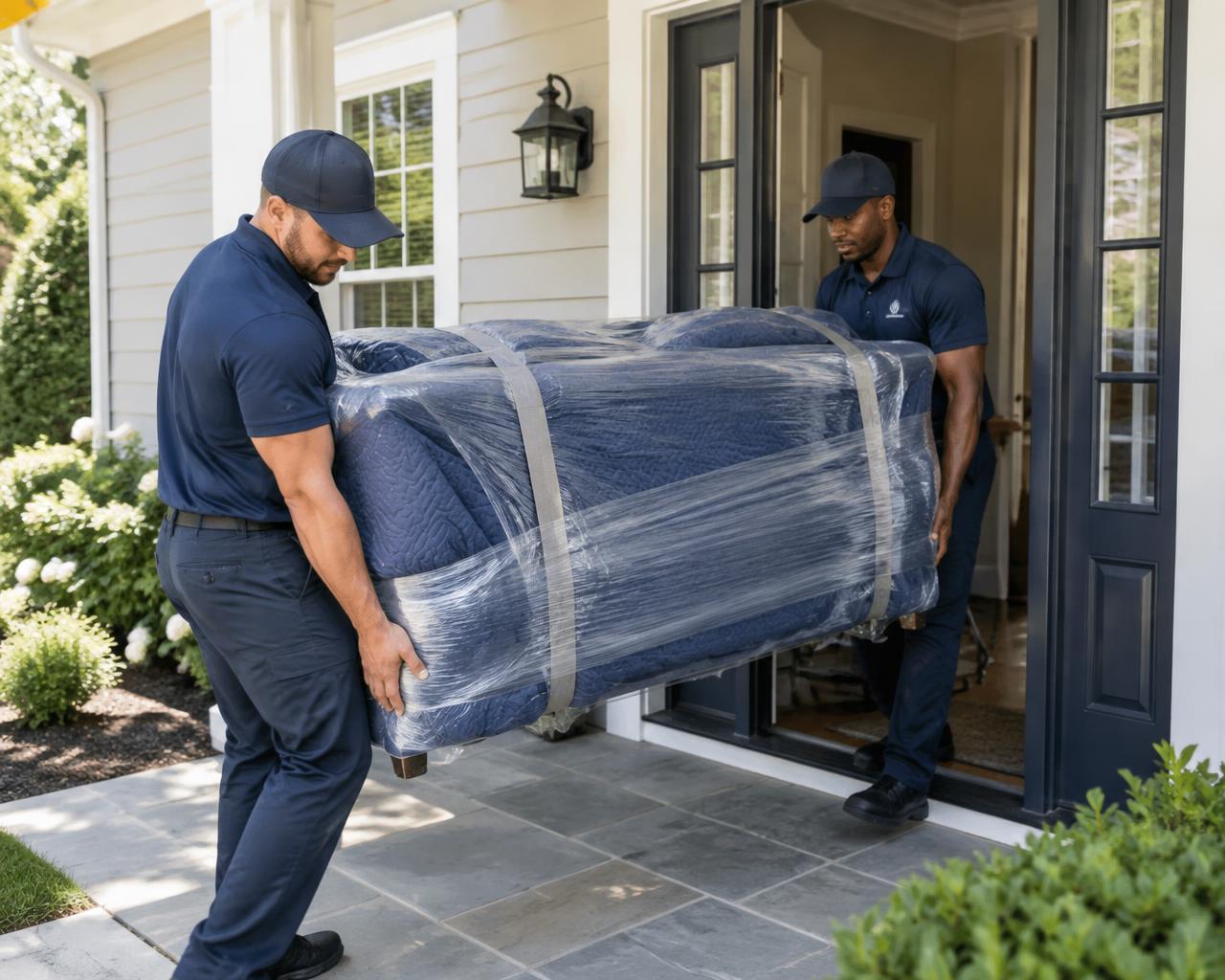 Two professional movers in navy uniforms carrying a wrapped sofa out of a suburban home